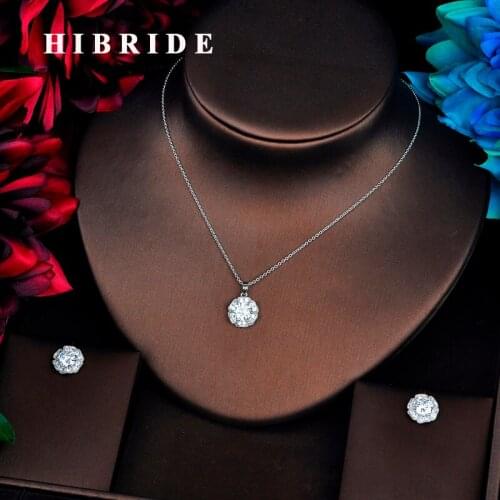 HIBRIDE Luxury Flower Pendant Clear Cubic Zircon Wedding Women Bridal Jewelry Sets Link Necklace Sets Girl Party Gifts N-541