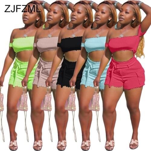 Neon Green Rose Red Knitted 2 Piece Outfits For Women Off Shoulder Backless Crop Top Sashes Biker Short Two Piece Set Tracksuit