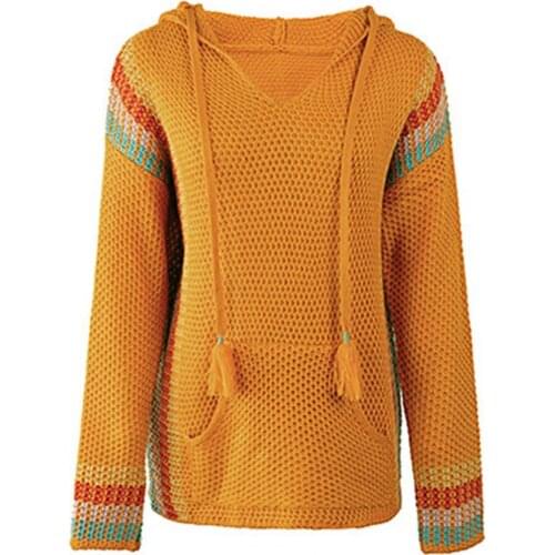 V-Neck Long Sleeve Women Knitted Top Patchwork Hooded Pocket Pullover Sweater Streetwear