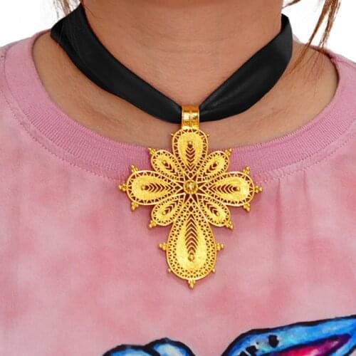 Anniyo Ethiopian Cross Pendant DIY Rope Chain for Women Girls,Gold Color Eritrea Jewelry African Crosses #217006