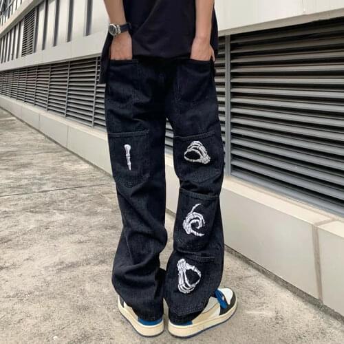 Harajuku Back Hand Print Black Mens Jeans Pants Streetwear Oversize Straight Baggy Casual Denim Trousers Harajuku Couple Jean
