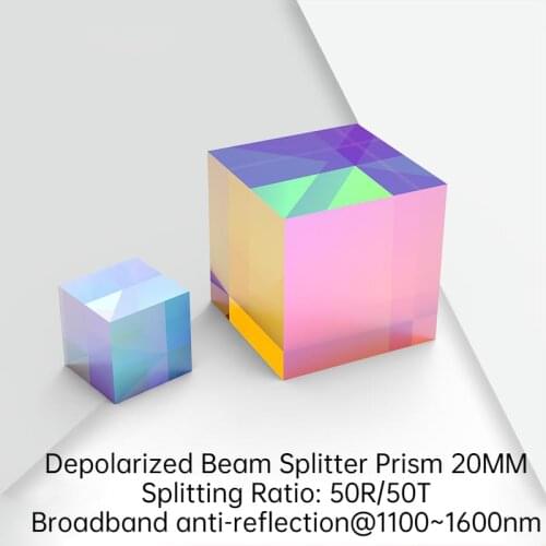Depolarized Beam Splitter Prism Optical Dichroic Prism K9 Cube 20MM Split Ratio 50R/50T Optical Coating Beam Splitter Prism