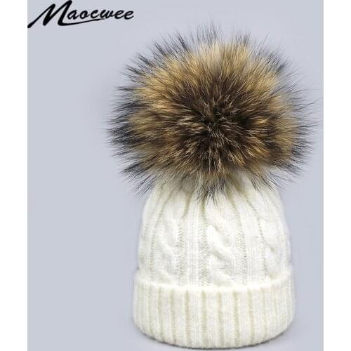 Children Boy Girl Natural Real Raccoon Fur Pom Pom Winter Hat Cap Thick Warm Crochet Knit Bobble Kids Beanie Hat Brand 2018