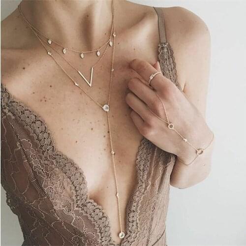 Hanzhishang fashion inlaid diamond multi-layer womens sweater chain creative long V-shaped alloy necklace