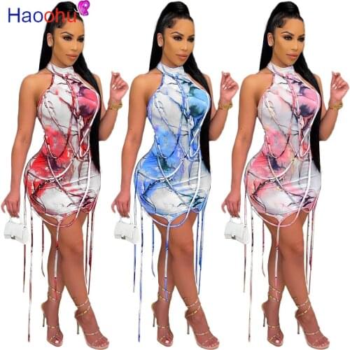 HAOOHU Tie Dye Print Drawstring Midi Dress Sexy Night Party Sleeveless Bodycon Bandage Dresses