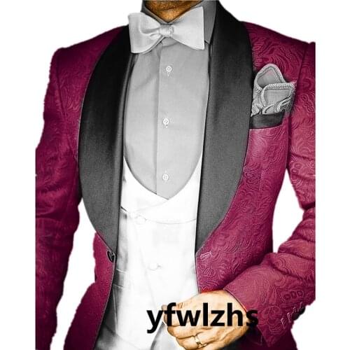 Handsome Embossing Groomsmen Shawl Lapel Groom Tuxedos Wedding Dress Men Suits Blazer Prom Dinner (Jacket+Pants+Tie+Vest) A968