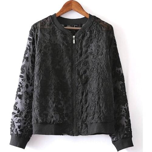 Lace Embroidery Bomber Jacket Spring Summer Black White Short Coat Women New Loose Thin Baseball Biker Jackets Outerwear Female