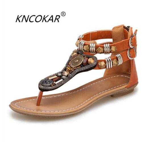 KNCOKAR 2018 Summer new ladies fashion style comfortable simple beaded zipper with low heel and flat heel sandals 35-40