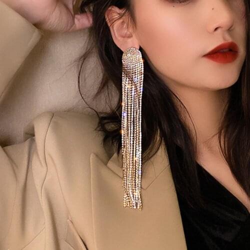 Fashion Exquisite Elegant Long Full Rhinestone Tassel Drop Lop Earrings Alloy Shiny Women Dangle Earrings Jewelry Accessories
