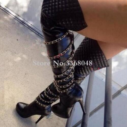Fashion Leather Dress Women Motorcycle Boots Punk Style Thigh High Platform Boots Sexy Chains Thin Heels Over-The-Knee Boots