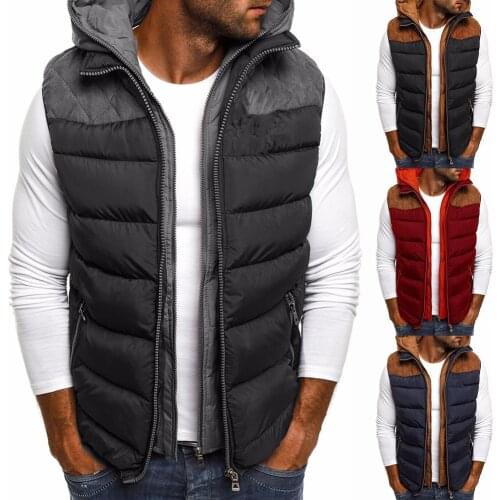 Mens Jacket Fashion Men Color Block Zipper Pocket Sleeveless Hooded Cotton Jacket Vest Coat Men Vest