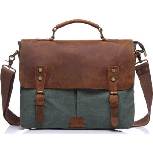 Nesitu Vintage Grey Green Coffee Khaki Blue Canvas Women Men Briefcase Portfolio Crazy Horse Leather Men Messenger Bags #M1807