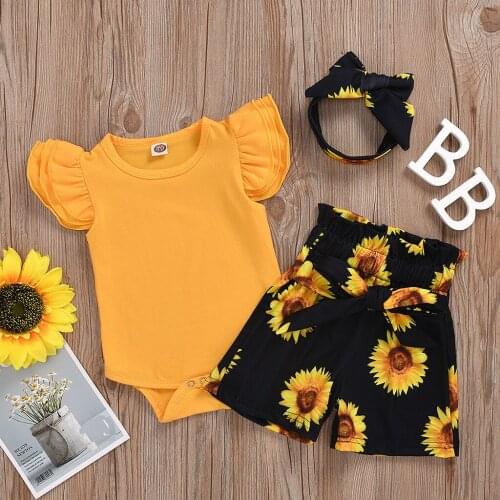 Toddler Baby Girls Sleeveless Solid Romper+Sunflower Print Shorts Outfits Set Girls Clothing Sets 2020 summer Girls Clothes Set