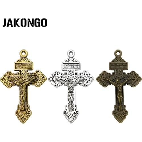 JAKONGO Antique Bronze Gold Color Cross Jesus Charms Pendants for Jewelry Making Bracelet Necklace DIY 55x34mm 4pcs/lot