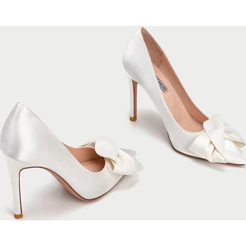 Point Toe White Bow Thin High Heel Bridal Shoes Women Size 41 To 44 Bridesmaid Wedding Shoes Female