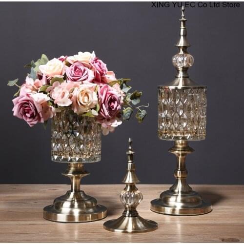 Creative Simulation Vase Metal Crystal Glass Vase Decoration Candy Jar Modern Home Dining Table Flower Arrangement Accessories