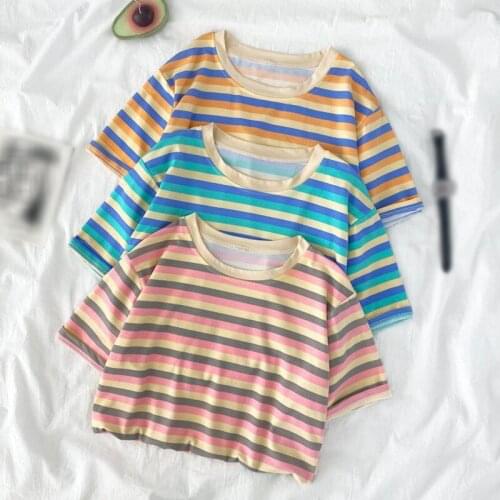 Women T- Shirt Rainbow Striped Punk T-shirt O-Neck Harajuku Short Sleeve Korean Shirts Camiseta Feminina Tops
