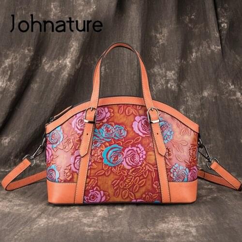 Johnature Retro Genuine Leather Luxury Handbags Women Bags 2020 New Leisure Floral Soft Cowhide Shoulder & Crossbody Bags