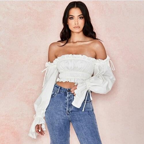 Summer Sexy Crop Top Slim Ladies T-shirt Slash Neck Flare Long Sleeve Ruffled Off Shoulder 2021 New Solid White Women T-shirts