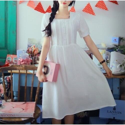 Boutique high quality lace patchwork lacing square collar puff sleeve feminie white lolita mori girl dress 2020 summer
