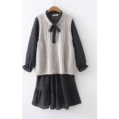 Vintage Women Dress Fashion Two Piece Autumn Winter Twist Knitted Plaid Dress Long Sleeve Women Dress YoYiKamomo