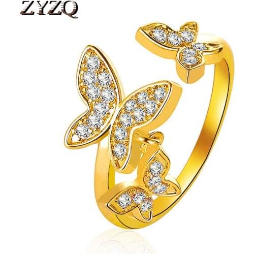 ZYZQ Three Butterfly Crystal Rings for Women Sweet Copper Type Sweet Opening Adjustable Index Finger Ring Weddings Party Jewelry