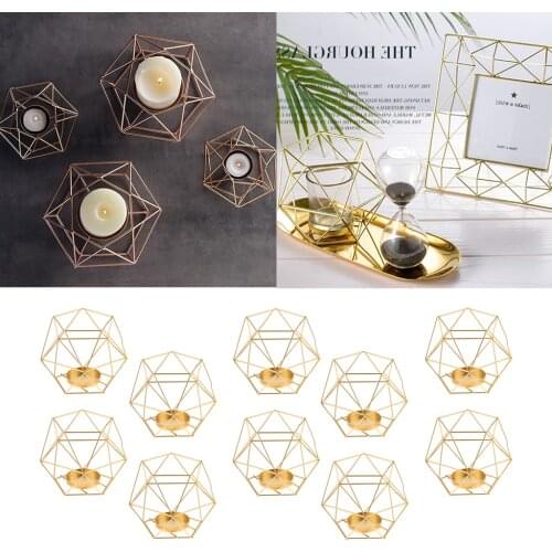 10Pcs Gold Desk Stand Hexagon Geometric Candle Holder Lantern Case Candlestick Case Home Wedding Centerpiece