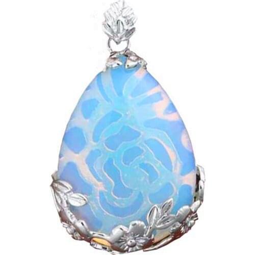 100-Unique 1 Pcs Ethnic Silver Plated Flower Water Drop Opalite Opal Pendant For Women Jewelry