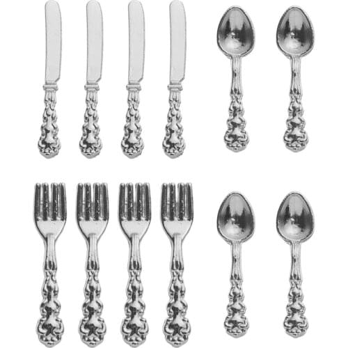 12PCS Toy Dollhouse Furniture Gold Silver 1:12 Scale Simulation Mini Cutlery Doll Accessory Fork Knife Spoon Miniature Tableware