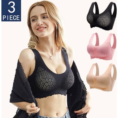 3Pcs Latex Bras For Women Lace Underwear Seamless Brasieres Push Up Bralette Plus Size BH Sexy Lingerie With Pad Vest Top Bra