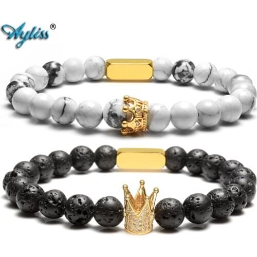 Ayliss 1-2pcs Couple Lovers Bracelet His Queen Her King Bracelets 8MM Natural Stone Beads Stretch Bracelet Jewelry 6.8"inches
