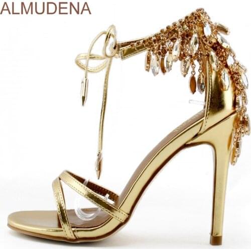 ALMUDENA Gold Bling Bling Crystal Sandals Drape Tassel Beaded Chain Shoes Lace-up Glittering Thin High Heel Fringe Wedding Pump