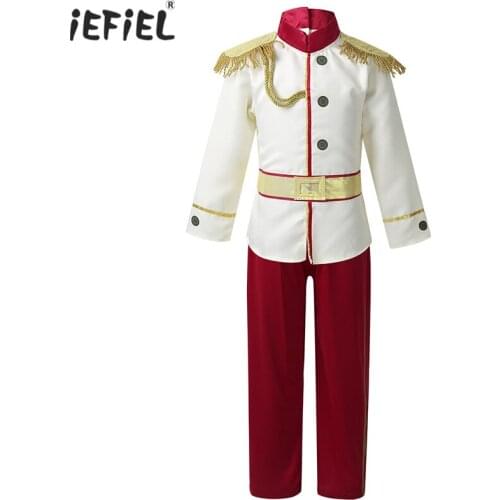 Kids Boys Medieval Royal Prince Costume Outfit Long Sleeves Tops with Pants Set for Halloween Cosplay Theme Parties Dress Up