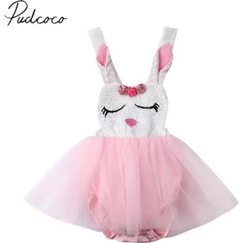 2019 Brand New Infant Kids Baby Girls Easter Romper Dress Sequin Rabbit Print Lace Patchwork Sleeveless Jumpsuits Bunny Dress