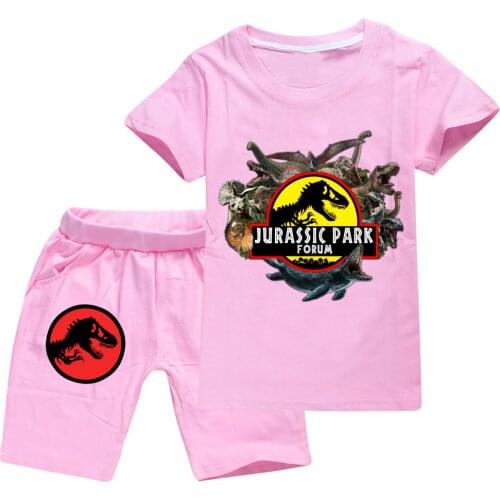 Kids Girls Summer Clothes Set Casual Pullover Cartoon Dinosaur Printed O-Neck Short Sleeve Blouse Children Sports Shorts Suit