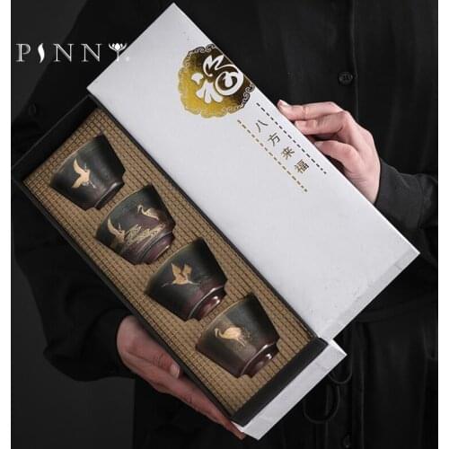 PINNY Crane Coarse Pottery Teacup With Gift Box Japanese Style Ceramic Kung Fu Tea Cups Retro Tea Bowl