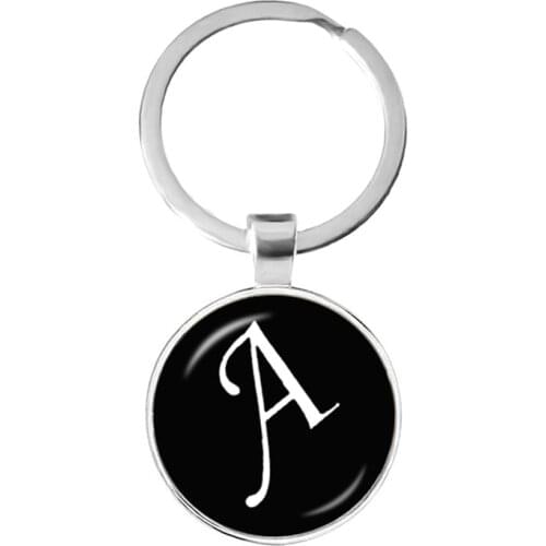 Classic Black A-Z 26 English Letters Keychain Simple Initial Name Art Photo Glass Dome Keyring Birthday Gift