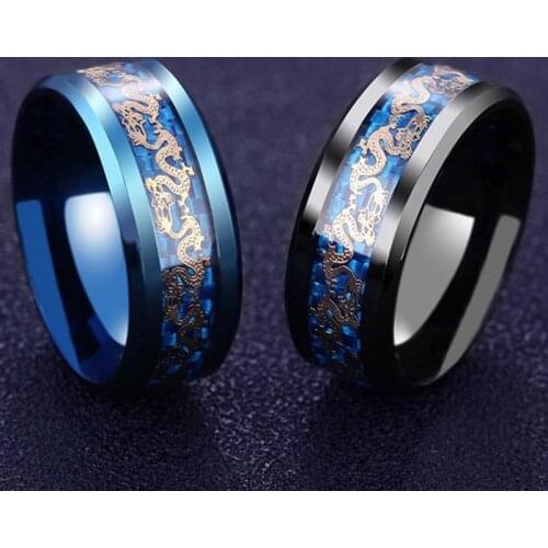Titanium Steel Dragon Rings Black And Blue Mans Gifts Wedding Band Jewelry Size 6-12