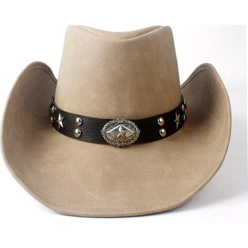 Leather Womem Men Western Cowboy Hat With Wide Brim Punk Belt Cowgirl Jazz Cap With Leather Gentleman Sombrero Cap