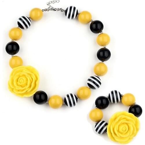 USA Hot Sale 43mm Yellow Flower Acrylic Chunky Bead Bubblegum Necklace Bracelets Jewelry Set For Child Girls Party Dress Up Gift
