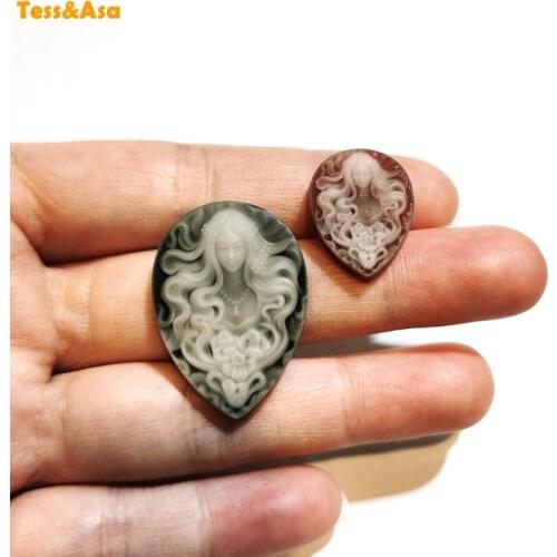Natural Black Agates Cameo Cabochons Heart Drop Flatback Beauty Lady Head Cameo Red Charm For Women Necklace DIY 22x30mm