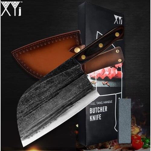 XYj 8'' INCH Butcher Clever Serbian Chef Knife Handmade Forged Knife Wood Handle Leather Cover Sharpener Gift Box Hunting Knife