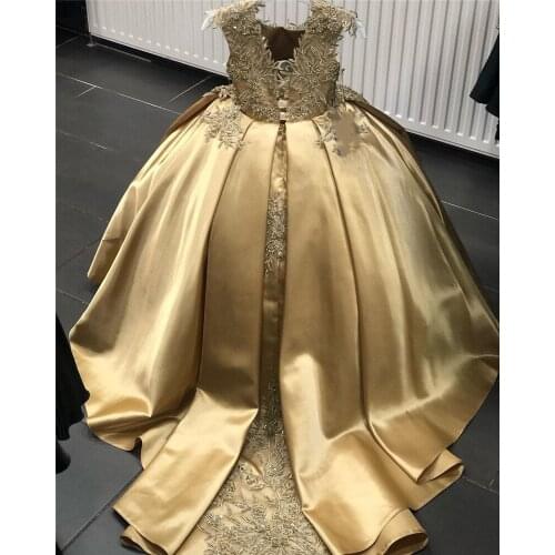 Luxury Gold Flower girl Dress for Wedding Lace Applique Satin Kids Birthday Party Dress Pageant Gown Lace Beading Girls Gowns
