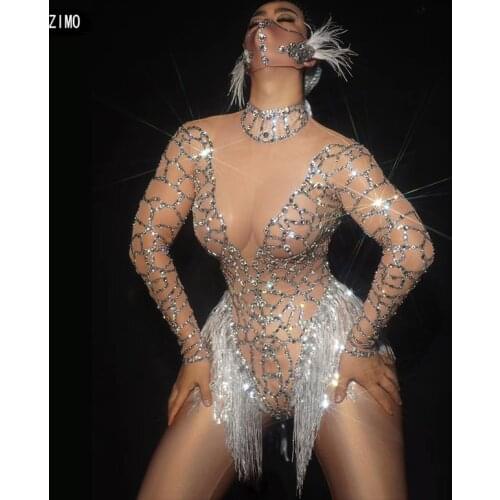 Sparkly rhinestone Crystals Mesh tassel Sexy Bodysuit Chains Fringes Outfit Nightclub Party Wear See Through festival Costume