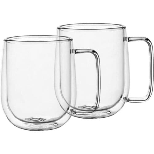 Double Wall Glass Coffee Mugs Tea Cups Set of 2, Thermal Insulated and No Condensation with Wide Handle (300ML)