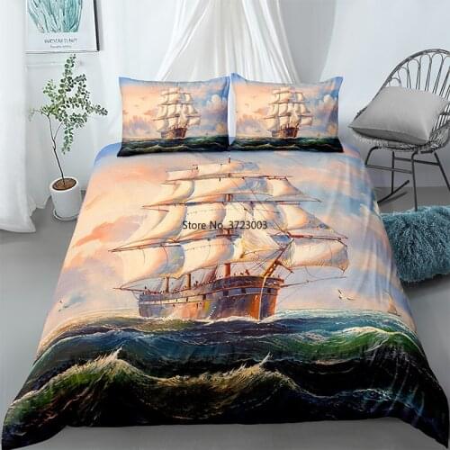 Stylish 3D Marine Steamboat Digital Print Bedding Set 2/3 Bedroom Decorative Down Quilt Cover Pillowcase Home Textile