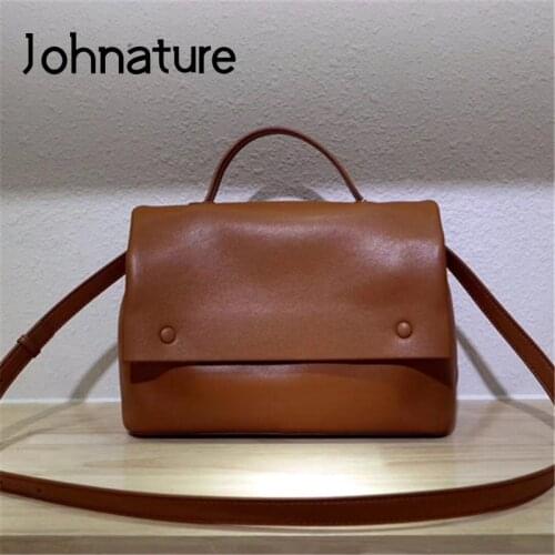 Johnature Genuine Leather Simple Women Handbag 2021 New Leisure First Layer Cowhide Large Capacity Shoulder & Crossbody Bags