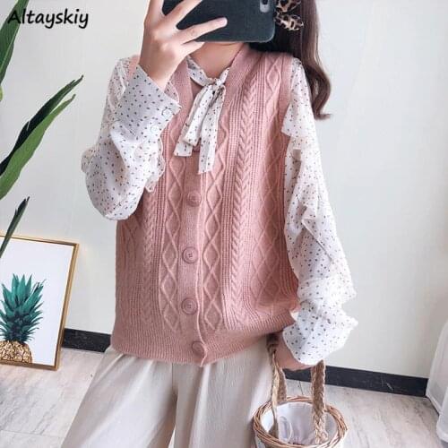 Sweaters Vests Students Elegant Preppy Style Ulzzang 4 Colors 2020 Autumn V-Neck Single Breasted Womens Sweater Solid Vest Tops