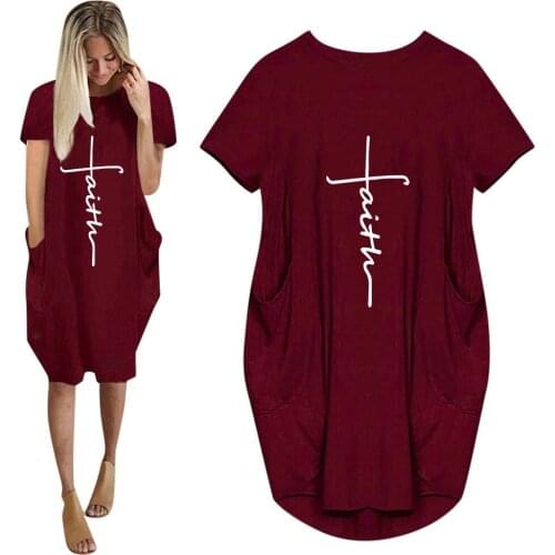 Summer Women 2021 New Arrival Faith Letters Print Dress For Woman Pocket O-neck Short Sleeve Green Female Plus Size Cute Dresses
