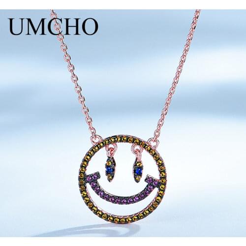 UMCHO Emoj Necklace Colorful Rainbow Smiley Face Chain Solid 925 Sterling Silver Necklace For Women Birthday Gift Fine Jewelry